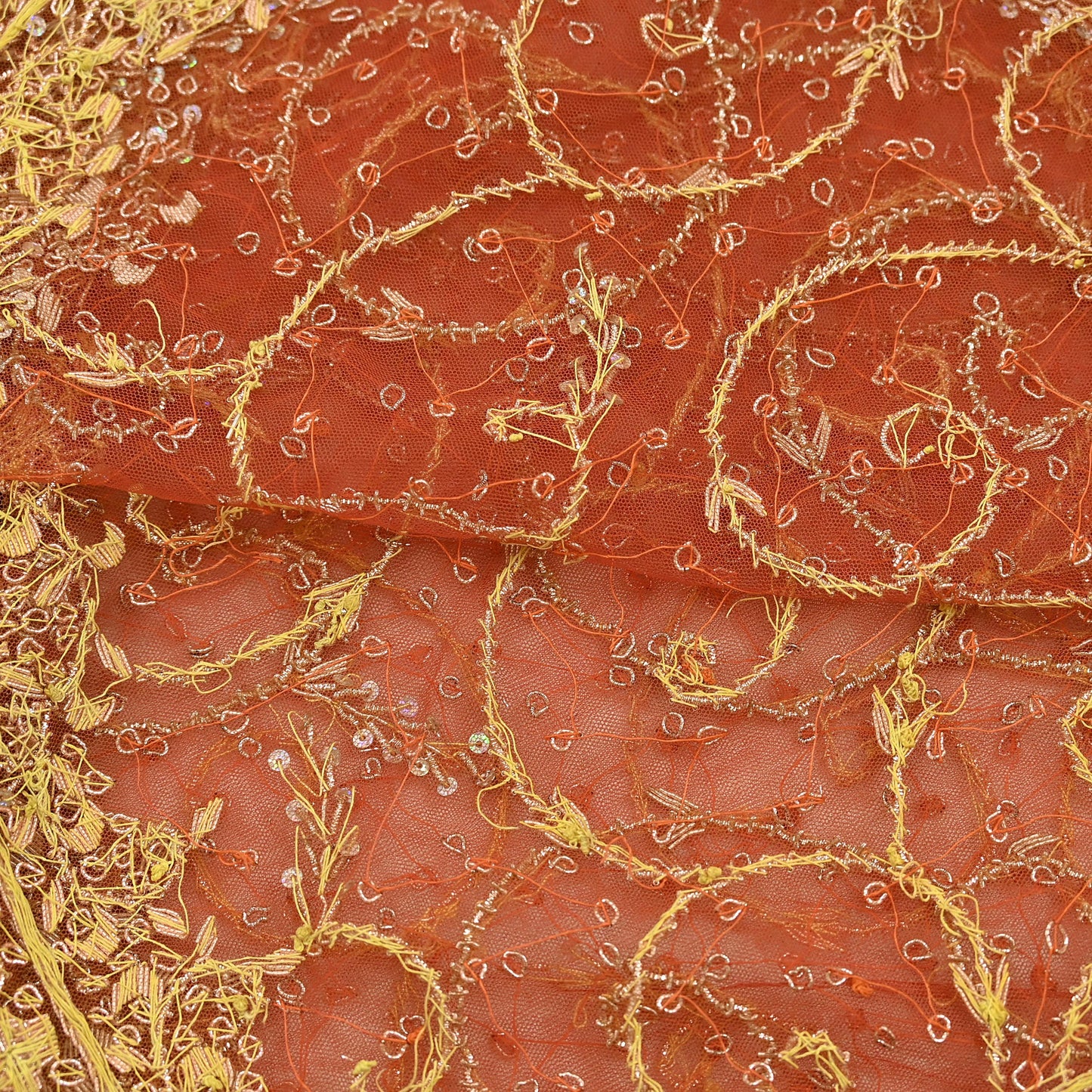 Indian Vintage Bridal Heavy Orange Dupatta Net Mesh Long Stole Hand Embroidered Scarves Golden Zardozi Dabka Zari Sequins Wedding Veil