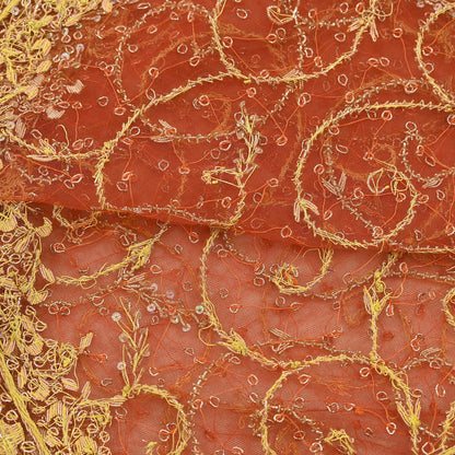 Indian Vintage Bridal Heavy Orange Dupatta Net Mesh Long Stole Hand Embroidered Scarves Golden Zardozi Dabka Zari Sequins Wedding Veil