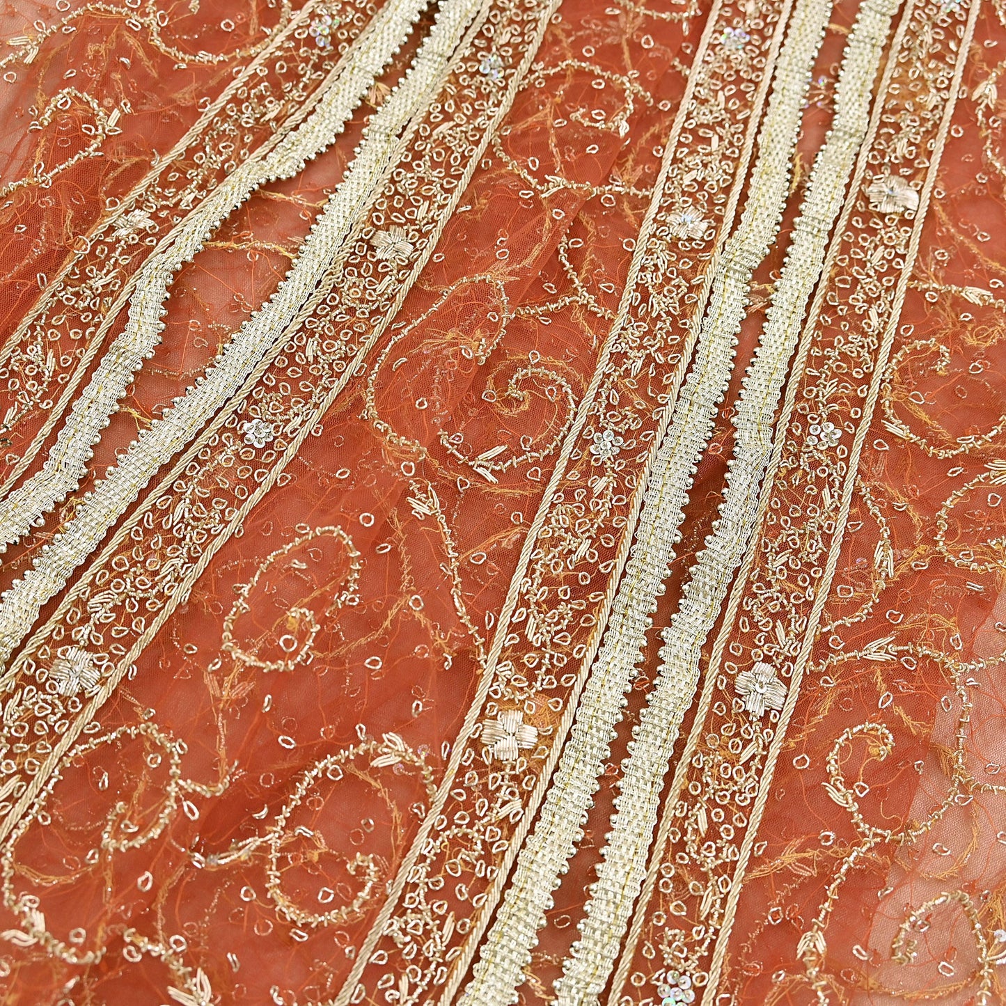 Indian Vintage Bridal Heavy Orange Dupatta Net Mesh Long Stole Hand Embroidered Scarves Golden Zardozi Dabka Zari Sequins Wedding Veil
