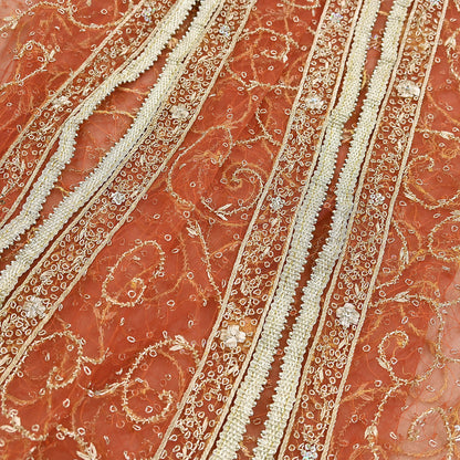 Indian Vintage Bridal Heavy Orange Dupatta Net Mesh Long Stole Hand Embroidered Scarves Golden Zardozi Dabka Zari Sequins Wedding Veil