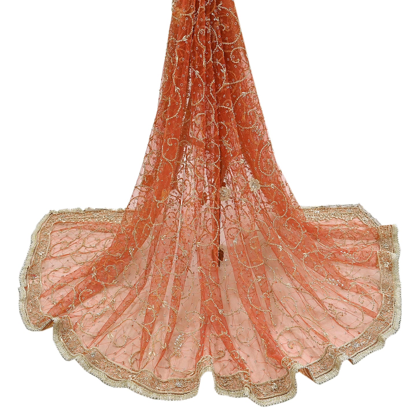 Indian Vintage Bridal Heavy Orange Dupatta Net Mesh Long Stole Hand Embroidered Scarves Golden Zardozi Dabka Zari Sequins Wedding Veil