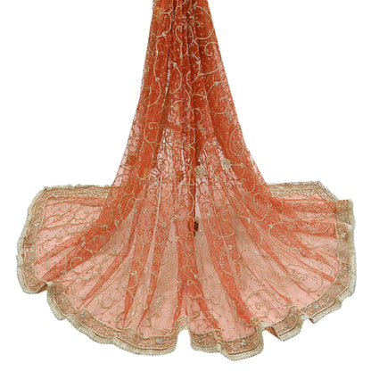 Indian Vintage Bridal Heavy Orange Dupatta Net Mesh Long Stole Hand Embroidered Scarves Golden Zardozi Dabka Zari Sequins Wedding Veil