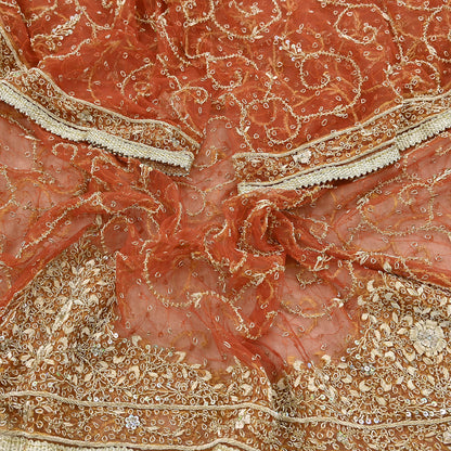 Indian Vintage Bridal Heavy Orange Dupatta Net Mesh Long Stole Hand Embroidered Scarves Golden Zardozi Dabka Zari Sequins Wedding Veil