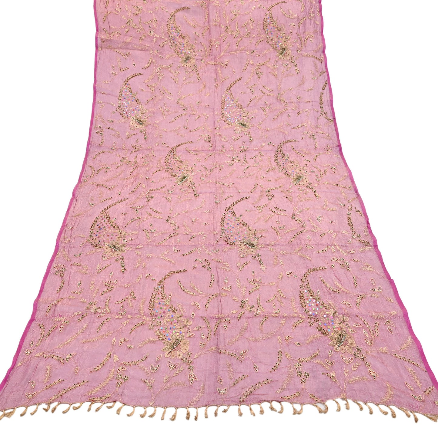 Indian Vintage Bridal Heavy Dupatta Pink Pure Tissue Silk Long Stole Hand Embroidered Hijab Scarves Zari Zardozi/Dabka Wedding Hijab Veil