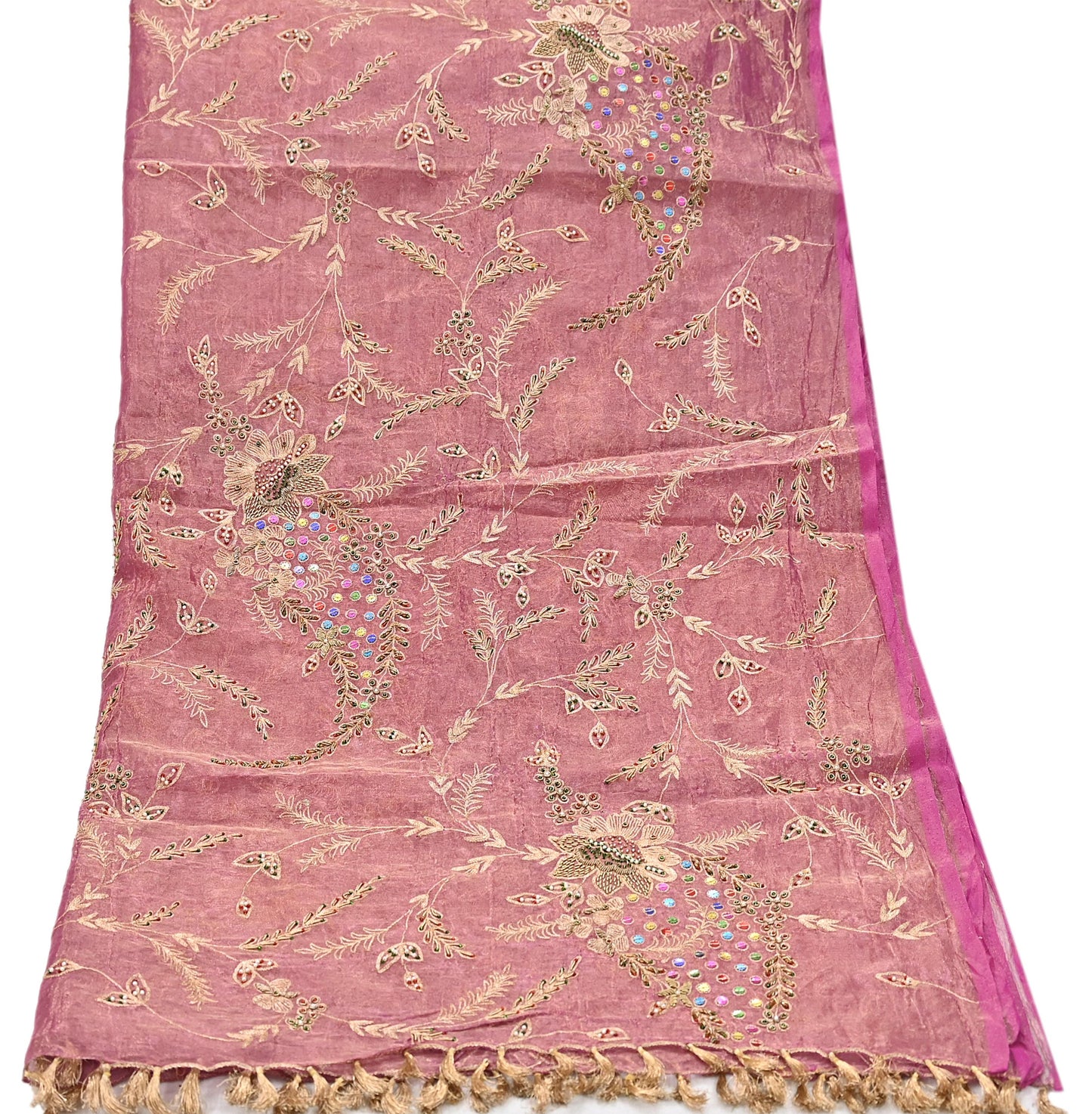 Indian Vintage Bridal Heavy Dupatta Pink Pure Tissue Silk Long Stole Hand Embroidered Hijab Scarves Zari Zardozi/Dabka Wedding Hijab Veil