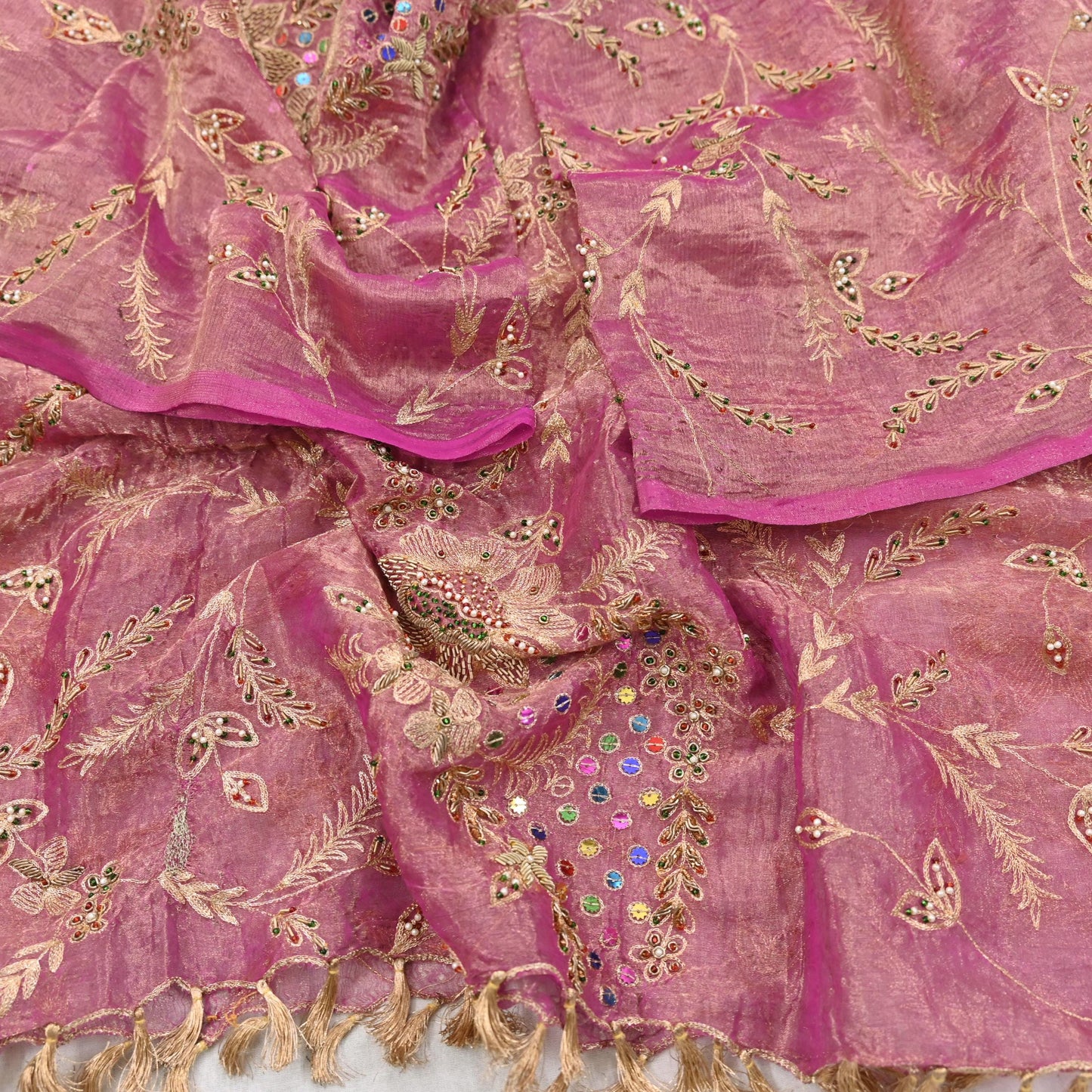 Indian Vintage Bridal Heavy Dupatta Pink Pure Tissue Silk Long Stole Hand Embroidered Hijab Scarves Zari Zardozi/Dabka Wedding Hijab Veil