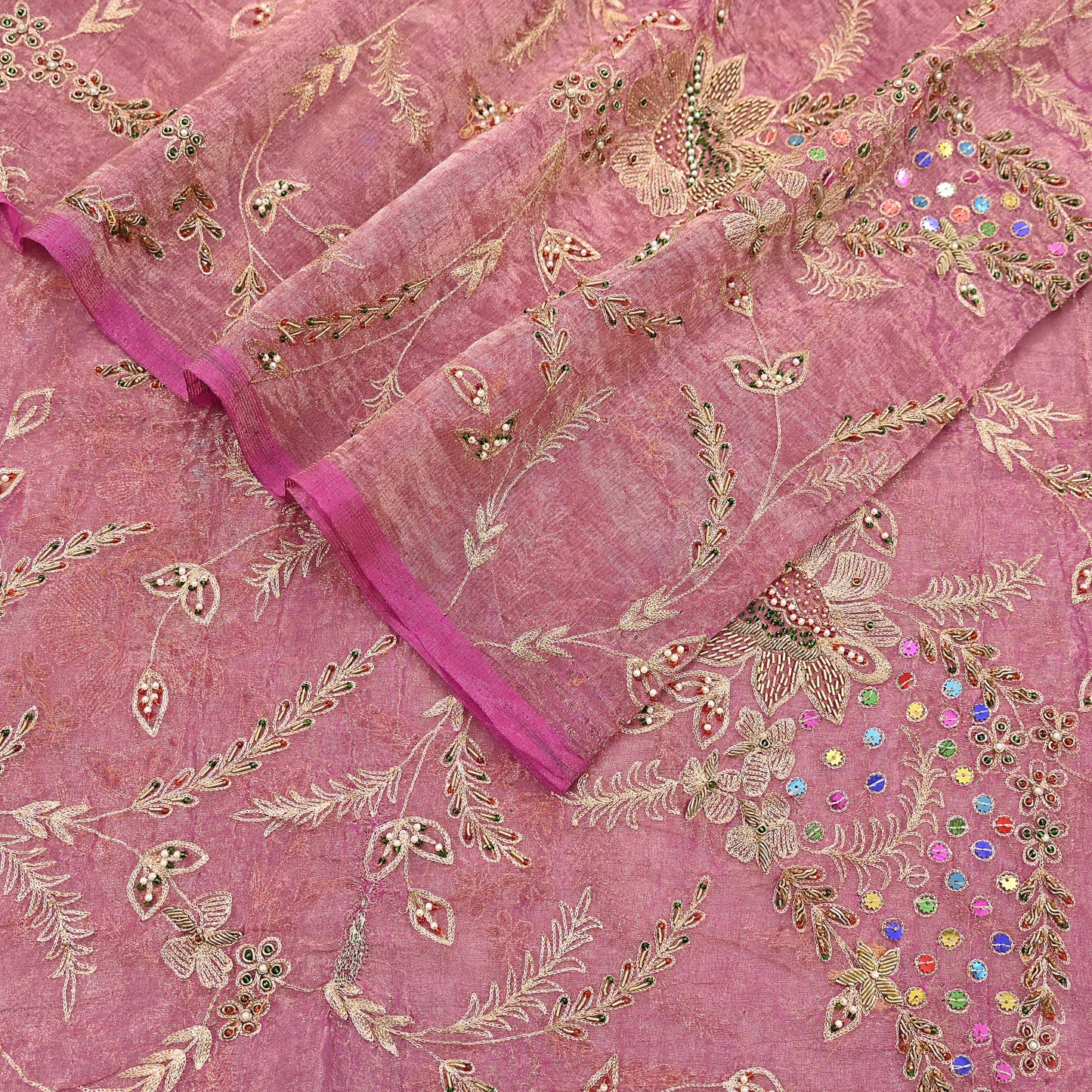 Indian Vintage Bridal Heavy Dupatta Pink Pure Tissue Silk Long Stole Hand Embroidered Hijab Scarves Zari Zardozi/Dabka Wedding Hijab Veil