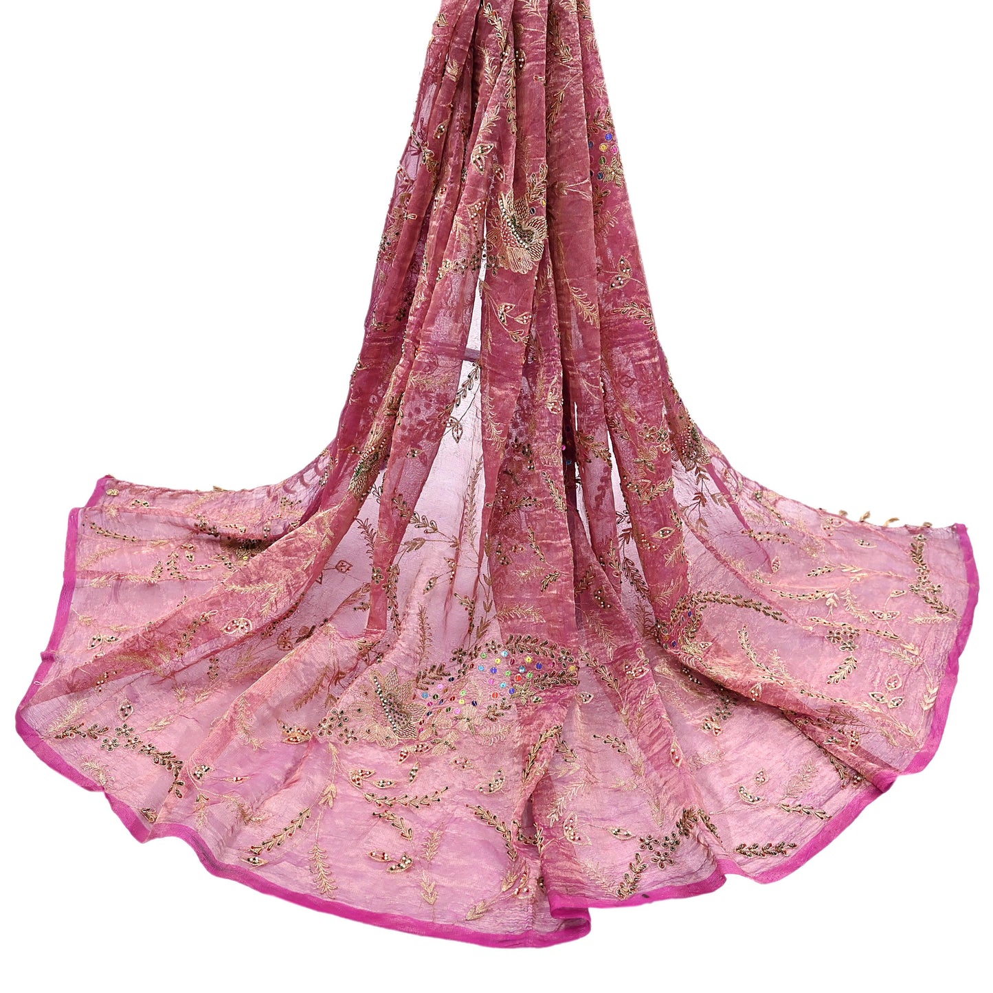 Indian Vintage Bridal Heavy Dupatta Pink Pure Tissue Silk Long Stole Hand Embroidered Hijab Scarves Zari Zardozi/Dabka Wedding Hijab Veil