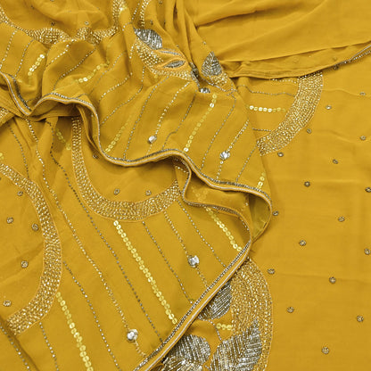 Indian Vintage Sari Mustard Pure Georgette Silk Hand Embroidered Sarees Craft Fabric 5Yd Sewing Soft Ethnic Glass Beaded Wedding Sarees
