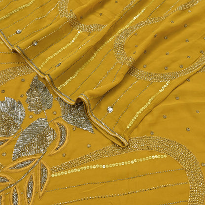 Indian Vintage Sari Mustard Pure Georgette Silk Hand Embroidered Sarees Craft Fabric 5Yd Sewing Soft Ethnic Glass Beaded Wedding Sarees