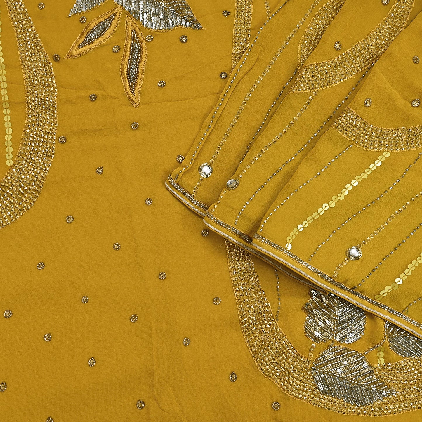 Indian Vintage Sari Mustard Pure Georgette Silk Hand Embroidered Sarees Craft Fabric 5Yd Sewing Soft Ethnic Glass Beaded Wedding Sarees