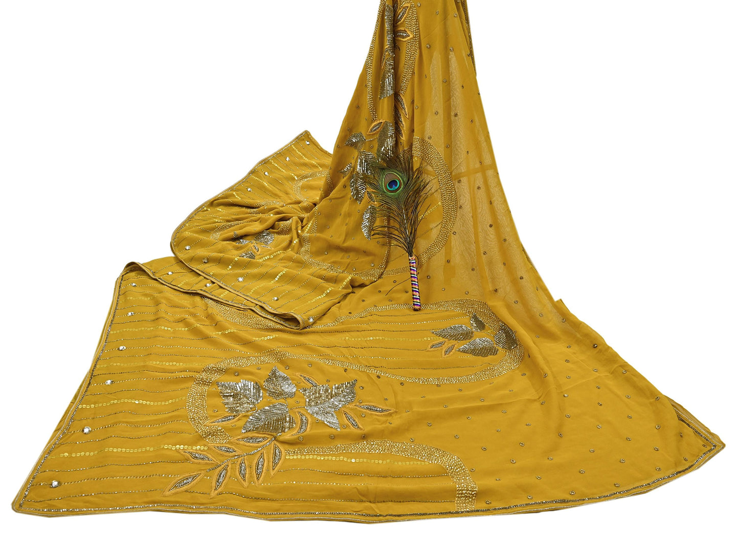 Indian Vintage Sari Mustard Pure Georgette Silk Hand Embroidered Sarees Craft Fabric 5Yd Sewing Soft Ethnic Glass Beaded Wedding Sarees