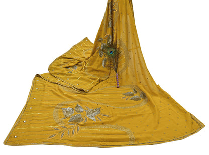 Indian Vintage Sari Mustard Pure Georgette Silk Hand Embroidered Sarees Craft Fabric 5Yd Sewing Soft Ethnic Glass Beaded Wedding Sarees