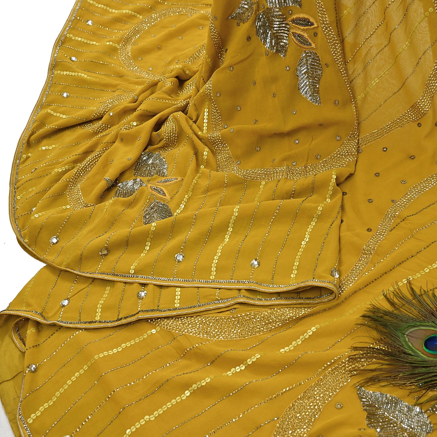 Indian Vintage Sari Mustard Pure Georgette Silk Hand Embroidered Sarees Craft Fabric 5Yd Sewing Soft Ethnic Glass Beaded Wedding Sarees