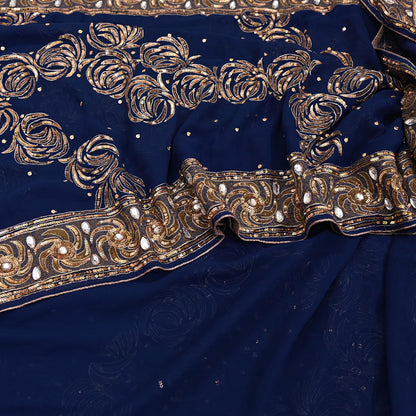 Indian Vintage Sari Blue Pure Georgette Silk Hand Embroidered Sarees Craft Fabric 6Yd Sewing Soft Ethnic Sequins Wedding Sarees
