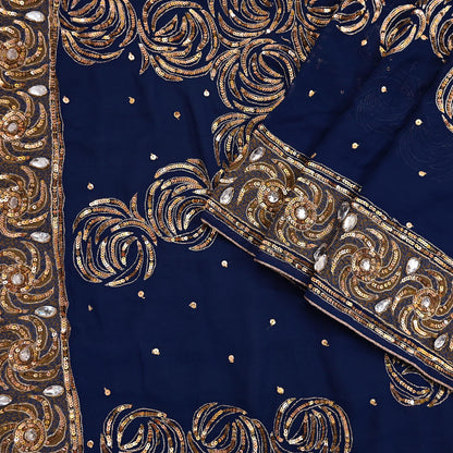 Indian Vintage Sari Blue Pure Georgette Silk Hand Embroidered Sarees Craft Fabric 6Yd Sewing Soft Ethnic Sequins Wedding Sarees