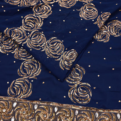 Indian Vintage Sari Blue Pure Georgette Silk Hand Embroidered Sarees Craft Fabric 6Yd Sewing Soft Ethnic Sequins Wedding Sarees