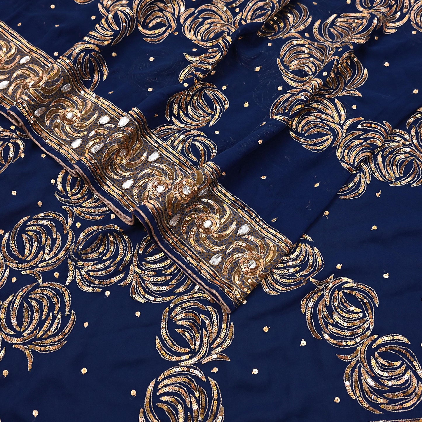 Indian Vintage Sari Blue Pure Georgette Silk Hand Embroidered Sarees Craft Fabric 6Yd Sewing Soft Ethnic Sequins Wedding Sarees