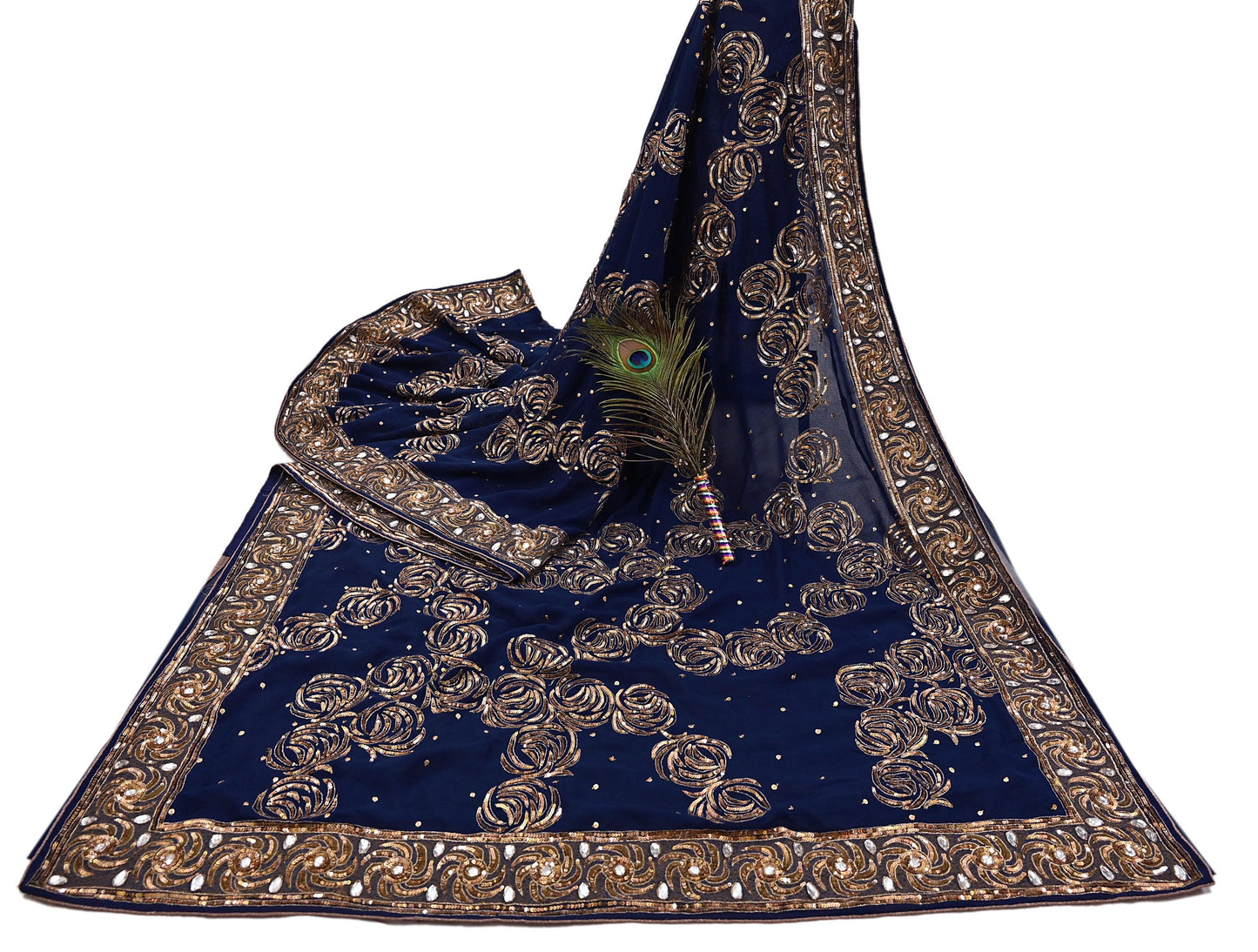 Indian Vintage Sari Blue Pure Georgette Silk Hand Embroidered Sarees Craft Fabric 6Yd Sewing Soft Ethnic Sequins Wedding Sarees