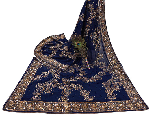 Indian Vintage Sari Blue Pure Georgette Silk Hand Embroidered Sarees Craft Fabric 6Yd Sewing Soft Ethnic Sequins Wedding Sarees