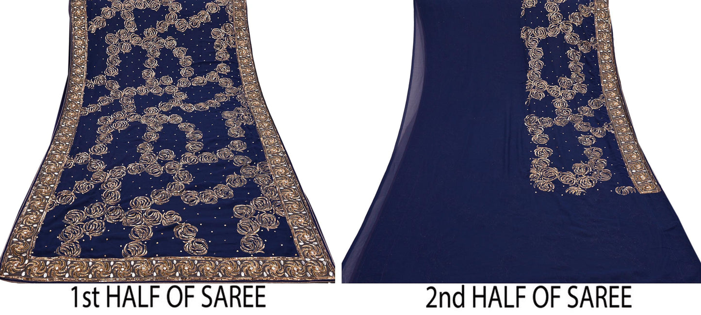 Indian Vintage Sari Blue Pure Georgette Silk Hand Embroidered Sarees Craft Fabric 6Yd Sewing Soft Ethnic Sequins Wedding Sarees