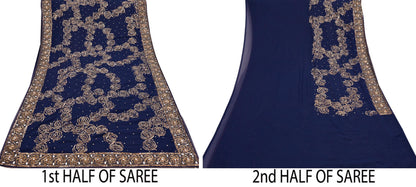 Indian Vintage Sari Blue Pure Georgette Silk Hand Embroidered Sarees Craft Fabric 6Yd Sewing Soft Ethnic Sequins Wedding Sarees