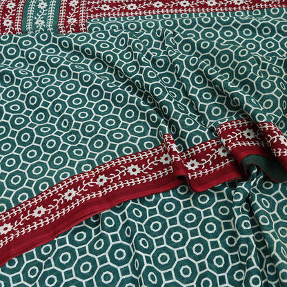 Indian Vintage Sari Green & Red Printed Pure Cotton Saree Craft Fabric 5Yd Sewing Sarong Wrap Boho Floral Crafting Upcycle Quilting Used