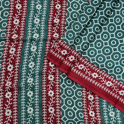 Indian Vintage Sari Green & Red Printed Pure Cotton Saree Craft Fabric 5Yd Sewing Sarong Wrap Boho Floral Crafting Upcycle Quilting Used
