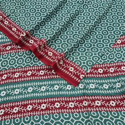 Indian Vintage Sari Green & Red Printed Pure Cotton Saree Craft Fabric 5Yd Sewing Sarong Wrap Boho Floral Crafting Upcycle Quilting Used