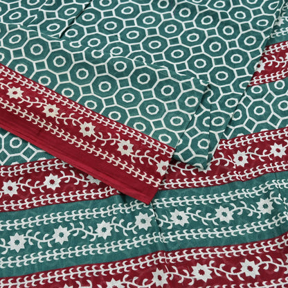 Indian Vintage Sari Green & Red Printed Pure Cotton Saree Craft Fabric 5Yd Sewing Sarong Wrap Boho Floral Crafting Upcycle Quilting Used