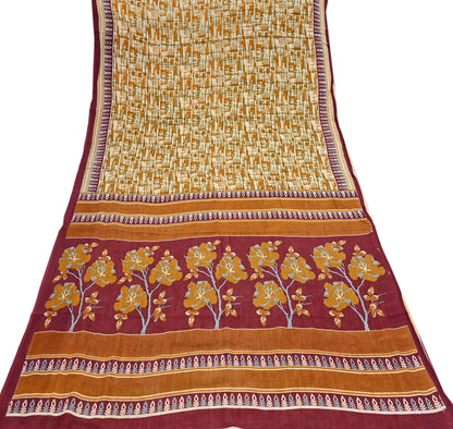 Indian Vintage Sari Ivory, Mustard Printed Pure Cotton Sarees 5Yd Craft Fabric Soft Sewing Sarong Wrap Boho Upcycle quilting Dress making