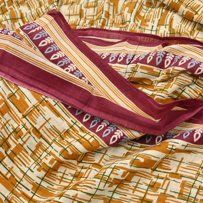 Indian Vintage Sari Ivory, Mustard Printed Pure Cotton Sarees 5Yd Craft Fabric Soft Sewing Sarong Wrap Boho Upcycle quilting Dress making