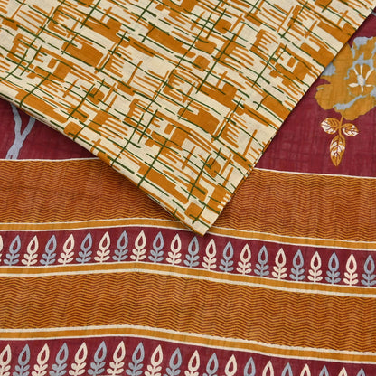 Indian Vintage Sari Ivory, Mustard Printed Pure Cotton Sarees 5Yd Craft Fabric Soft Sewing Sarong Wrap Boho Upcycle quilting Dress making