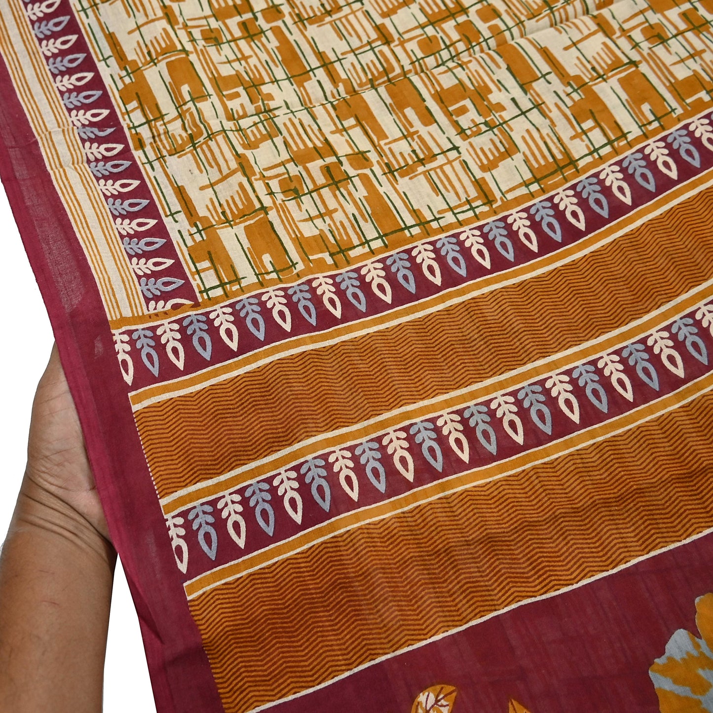 Indian Vintage Sari Ivory, Mustard Printed Pure Cotton Sarees 5Yd Craft Fabric Soft Sewing Sarong Wrap Boho Upcycle quilting Dress making