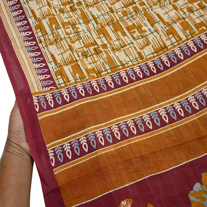 Indian Vintage Sari Ivory, Mustard Printed Pure Cotton Sarees 5Yd Craft Fabric Soft Sewing Sarong Wrap Boho Upcycle quilting Dress making