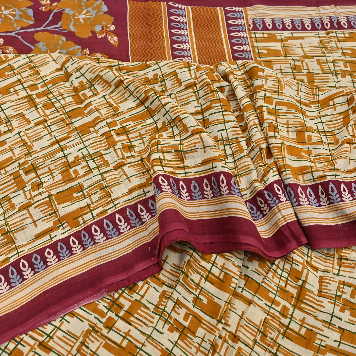 Indian Vintage Sari Ivory, Mustard Printed Pure Cotton Sarees 5Yd Craft Fabric Soft Sewing Sarong Wrap Boho Upcycle quilting Dress making