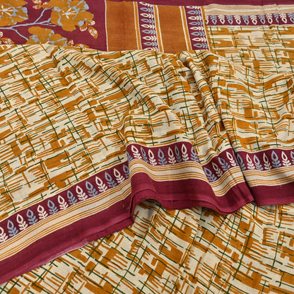 Indian Vintage Sari Ivory, Mustard Printed Pure Cotton Sarees 5Yd Craft Fabric Soft Sewing Sarong Wrap Boho Upcycle quilting Dress making