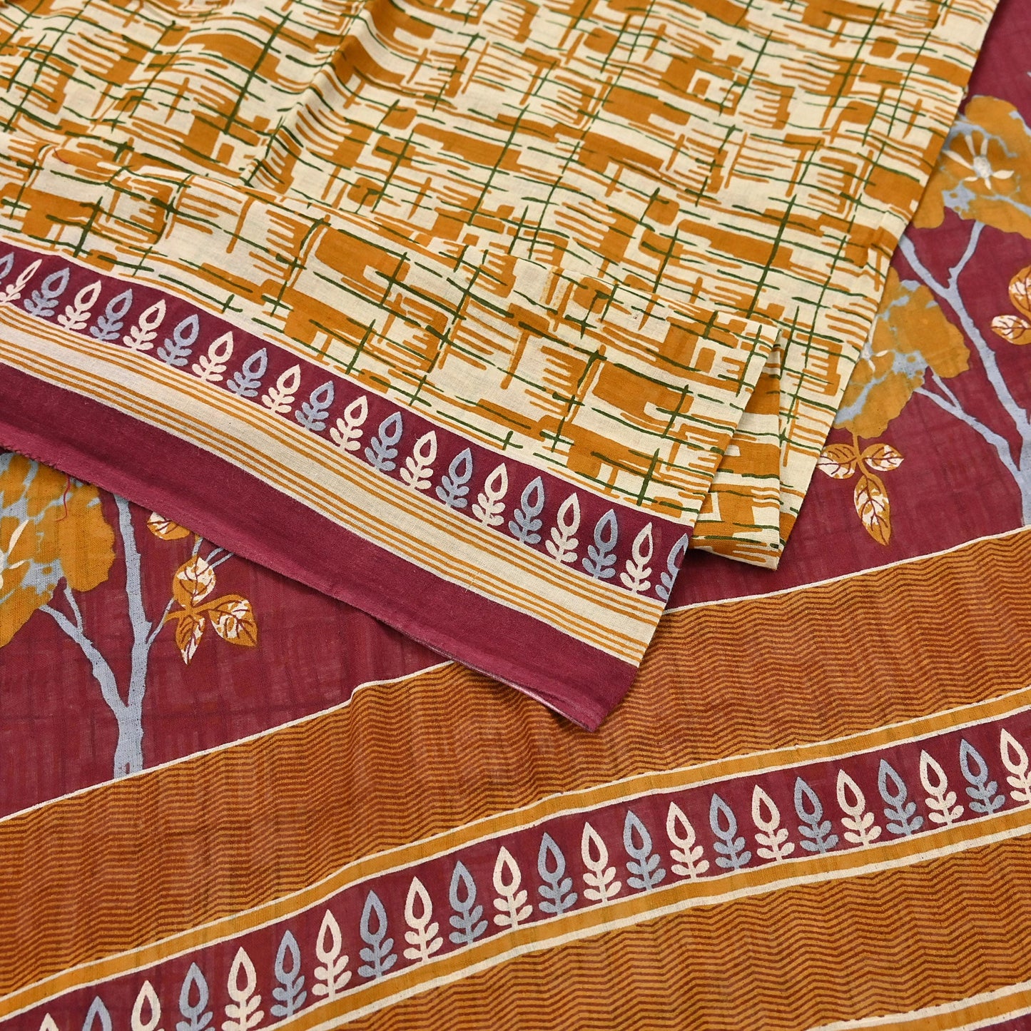 Indian Vintage Sari Ivory, Mustard Printed Pure Cotton Sarees 5Yd Craft Fabric Soft Sewing Sarong Wrap Boho Upcycle quilting Dress making