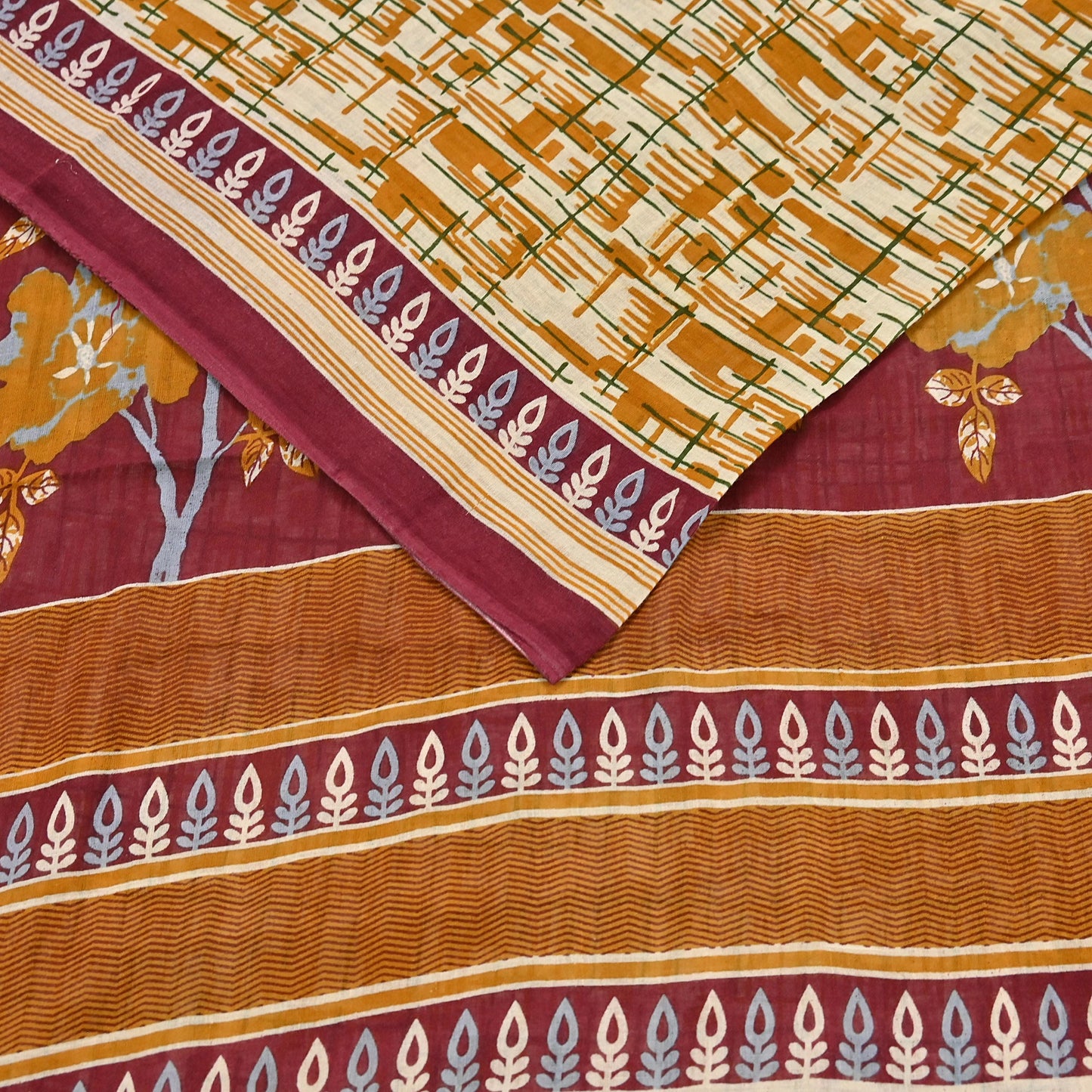 Indian Vintage Sari Ivory, Mustard Printed Pure Cotton Sarees 5Yd Craft Fabric Soft Sewing Sarong Wrap Boho Upcycle quilting Dress making