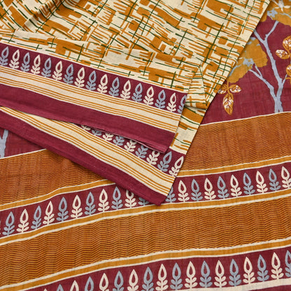 Indian Vintage Sari Ivory, Mustard Printed Pure Cotton Sarees 5Yd Craft Fabric Soft Sewing Sarong Wrap Boho Upcycle quilting Dress making