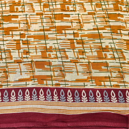 Indian Vintage Sari Ivory, Mustard Printed Pure Cotton Sarees 5Yd Craft Fabric Soft Sewing Sarong Wrap Boho Upcycle quilting Dress making