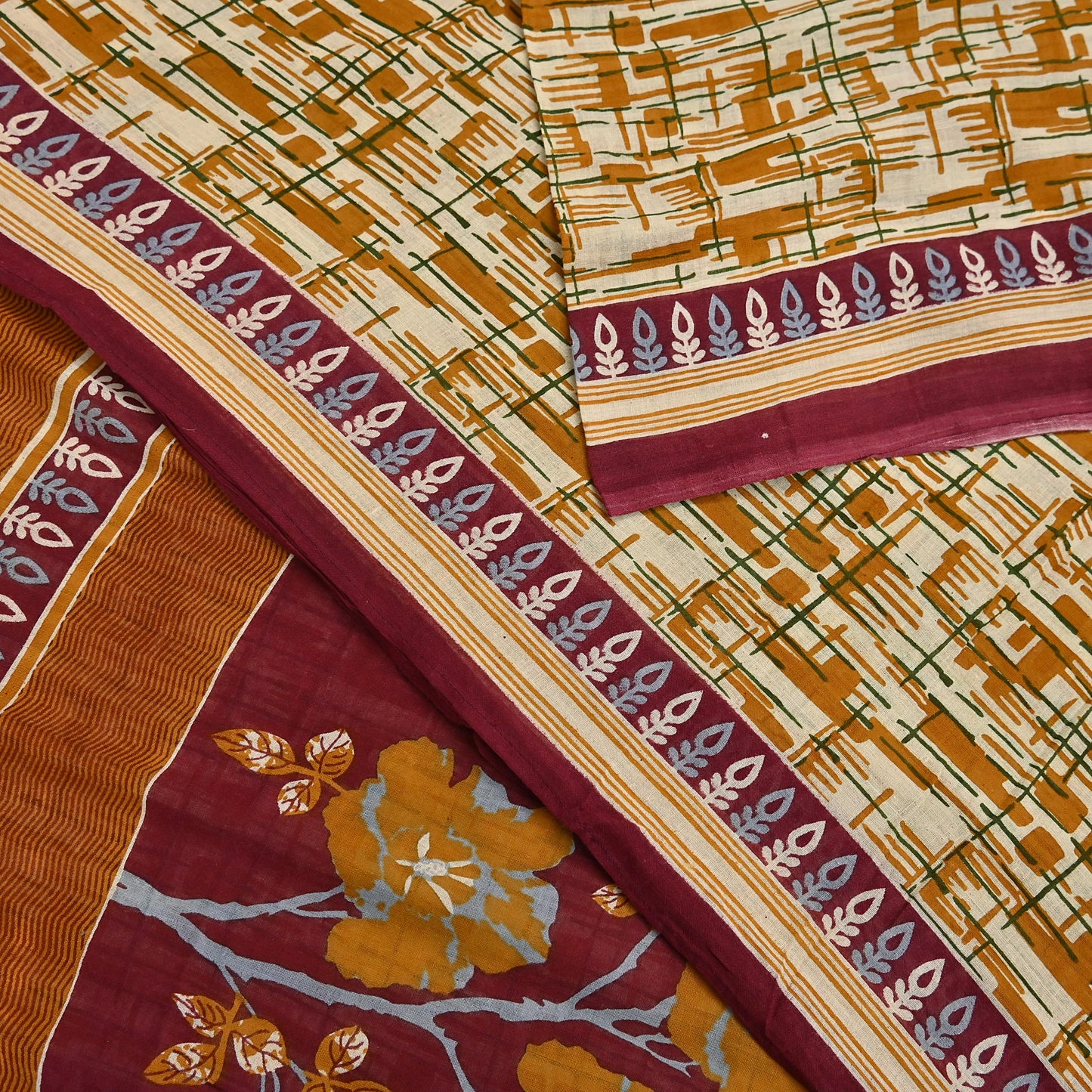 Indian Vintage Sari Ivory, Mustard Printed Pure Cotton Sarees 5Yd Craft Fabric Soft Sewing Sarong Wrap Boho Upcycle quilting Dress making