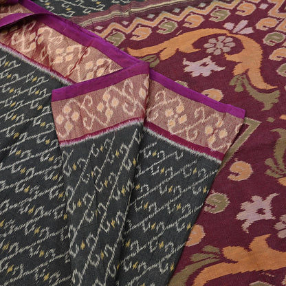 Indian Vintage Sari Maroon & Black Hand woven Sambalpuri Ikat Saree Pure Silk Craft Fabric 5Yd Ethnic Chackra Border Zari Dress making