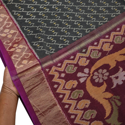 Indian Vintage Sari Maroon & Black Hand woven Sambalpuri Ikat Saree Pure Silk Craft Fabric 5Yd Ethnic Chackra Border Zari Dress making