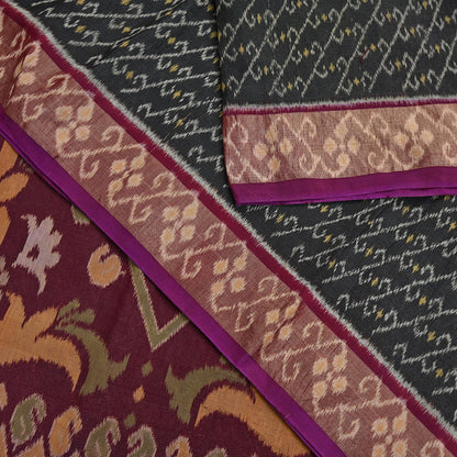 Indian Vintage Sari Maroon & Black Hand woven Sambalpuri Ikat Saree Pure Silk Craft Fabric 5Yd Ethnic Chackra Border Zari Dress making