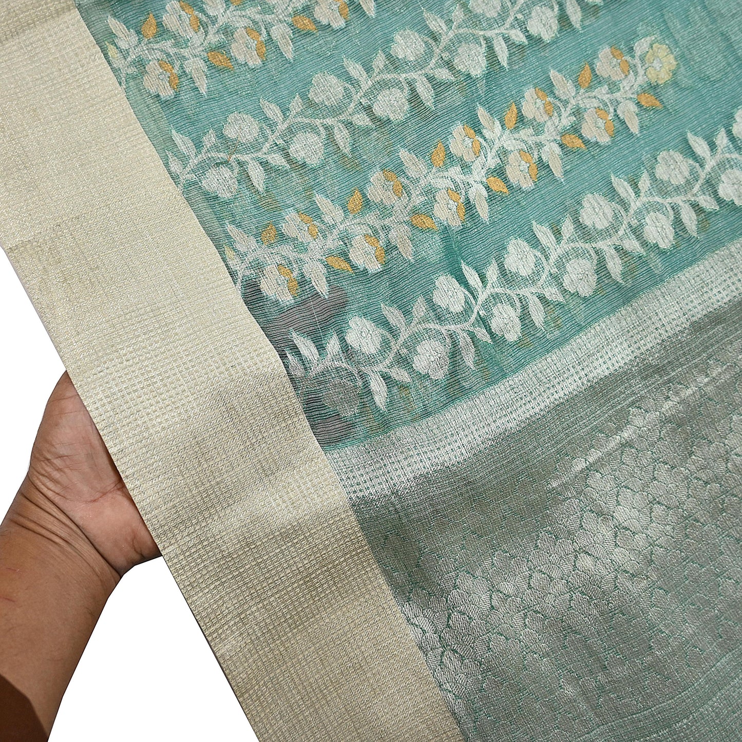 Indian Vintage Sari Green Hand Woven 100% Pure Organza Silk Saree Craft Fabric 6Yd Dress Making Crafting Quilting Upcycle Zari