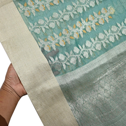 Indian Vintage Sari Green Hand Woven 100% Pure Organza Silk Saree Craft Fabric 6Yd Dress Making Crafting Quilting Upcycle Zari