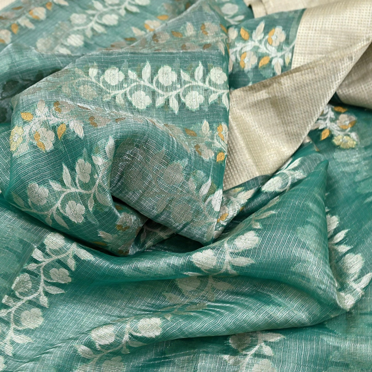 Indian Vintage Sari Green Hand Woven 100% Pure Organza Silk Saree Craft Fabric 6Yd Dress Making Crafting Quilting Upcycle Zari