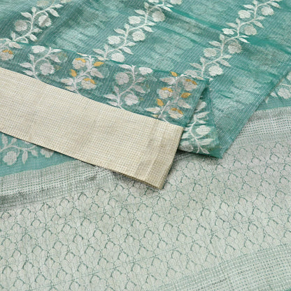 Indian Vintage Sari Green Hand Woven 100% Pure Organza Silk Saree Craft Fabric 6Yd Dress Making Crafting Quilting Upcycle Zari