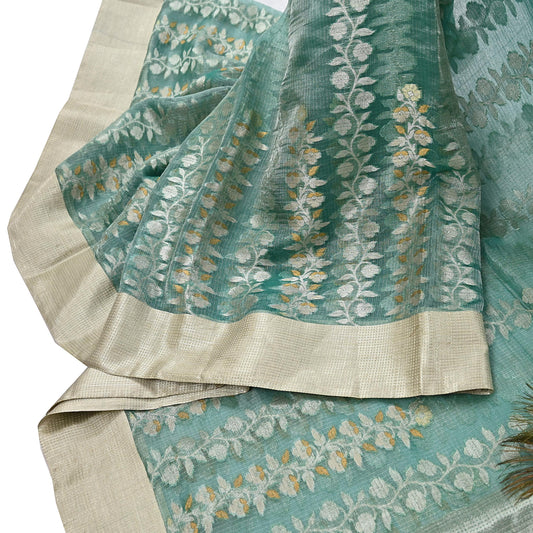 Indian Vintage Sari Green Hand Woven 100% Pure Organza Silk Saree Craft Fabric 6Yd Dress Making Crafting Quilting Upcycle Zari